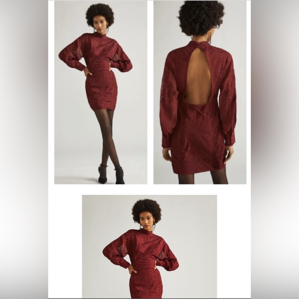 NWT Anthropologie Lace Mini Dress 20W $248 Wine Maroon Backless Embroidered